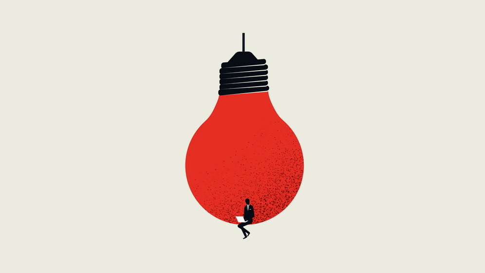 illustration of man sitting on red lightbulb