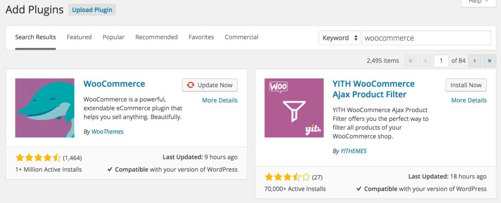 Screenshot of WooCommerce within the WordPress plugins section