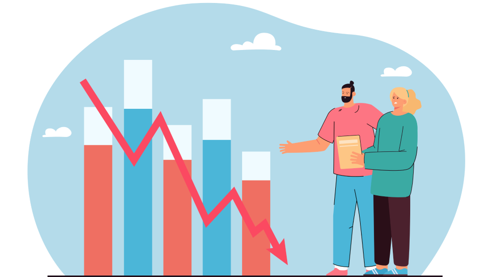 illustration of cartoon man and woman pointing at a graph showing a downward trend
