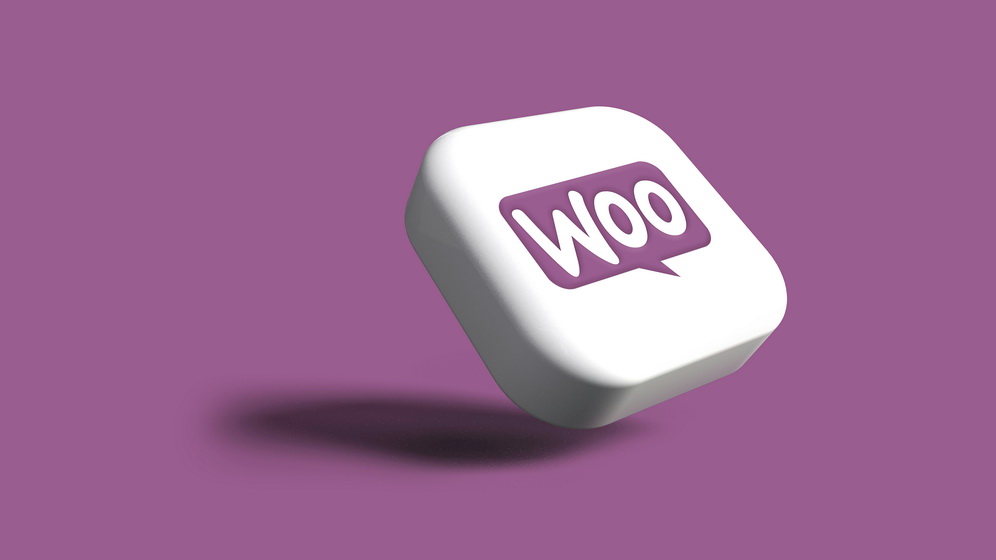 Woo Logo mockup of Woo written on a while tile on a purple floor