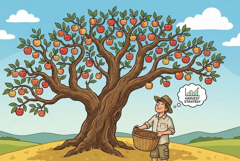 Illustration of a man standing under an apple tree holding a basket expectantly